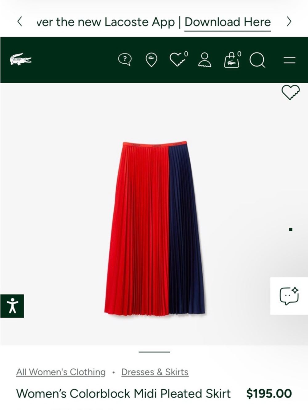 Lacoste Red and Navy Pleated Midi Skirt